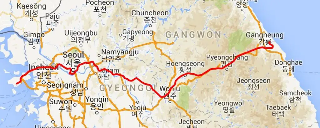 Map showing the route of the Gangneung KTX