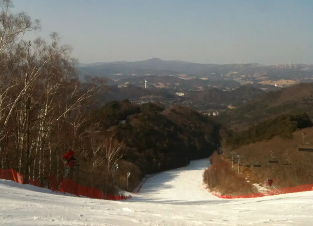 View from Yongpyong of the ski jump tower at Alpensia Resort